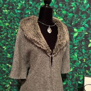 Chico’s Wool Blend Lillian Short Sleeve Fur Collar Cardigan Sz 2 (L/12) Jacket